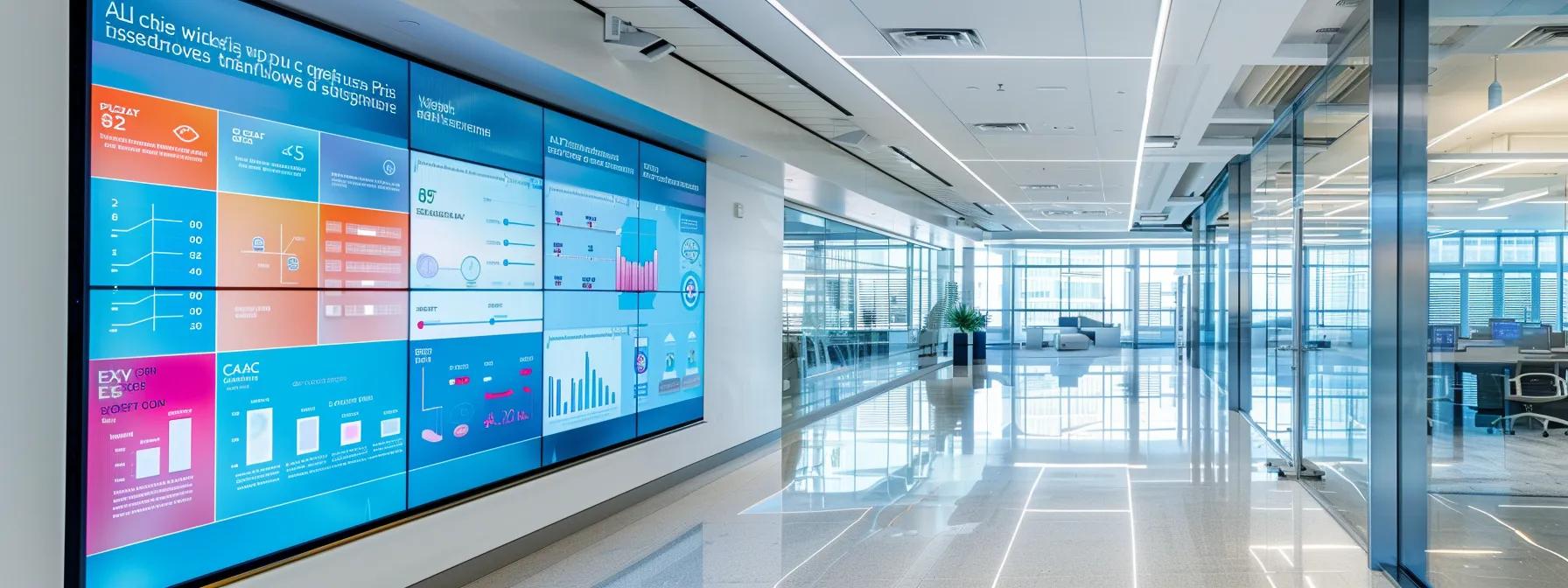 a sleek, modern office space features a large digital screen displaying a colorful infographic on various cooling solutions tailored to different climate conditions, emphasizing innovation and technology.