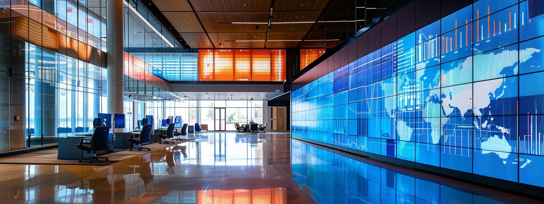 a sleek, modern office space is illuminated by vibrant led screens displaying dynamic data visuals, emphasizing innovation and technology at the forefront of business.