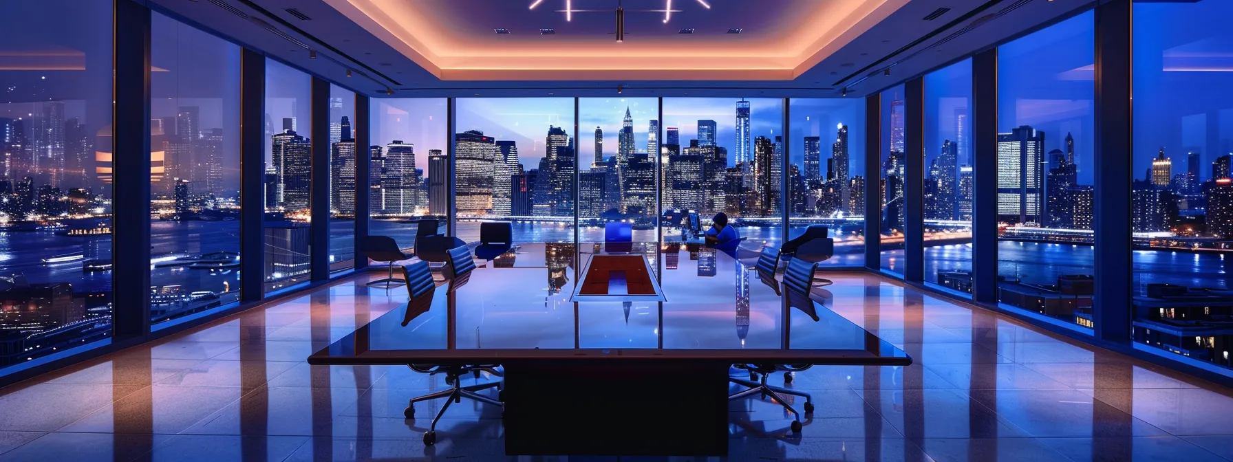a sleek, modern office space with a panoramic city skyline view is illuminated by vibrant artificial lighting, showcasing a group of professionals engaged in a dynamic brainstorming session around a contemporary glass conference table.