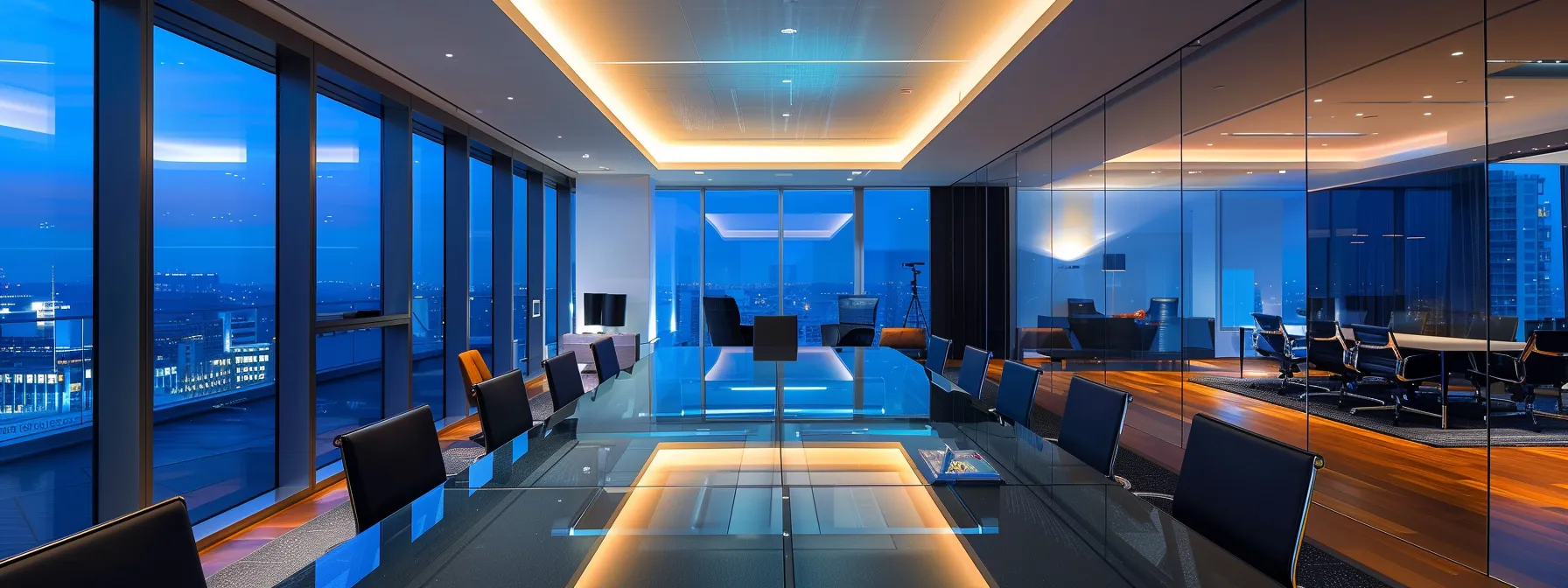 a sleek, modern office space features a polished glass conference table illuminated by warm, ambient lighting, creating a sophisticated environment for strategic discussions among diverse business professionals engaged in lively collaboration. a sleek, modern office space features a polished glass conference table illuminated by warm, ambient lighting, creating a sophisticated environment for strategic discussions among diverse business professionals engaged in lively collaboration.