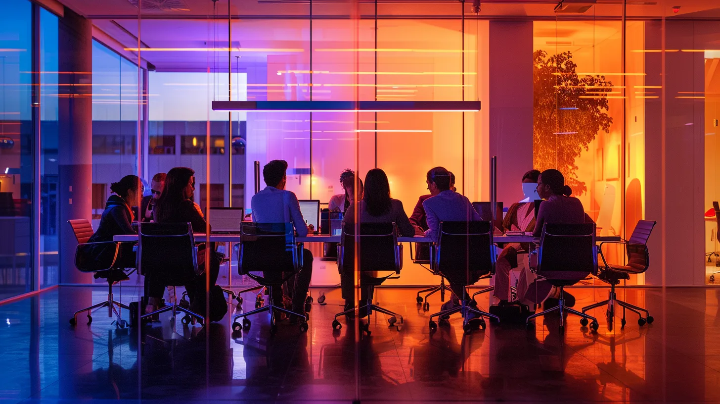 a sleek, modern office space is illuminated by vibrant, artificial lighting, showcasing a diverse group of professionals engaged in an inspiring brainstorming session around a high-tech conference table.