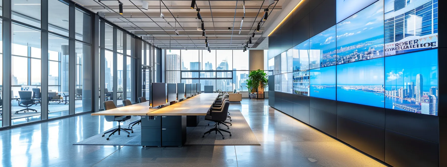 a sleek, modern office space is adorned with large digital screens displaying a stunning array of architectural designs and innovative projects, emphasizing professionalism and a commitment to showcasing a dynamic portfolio.