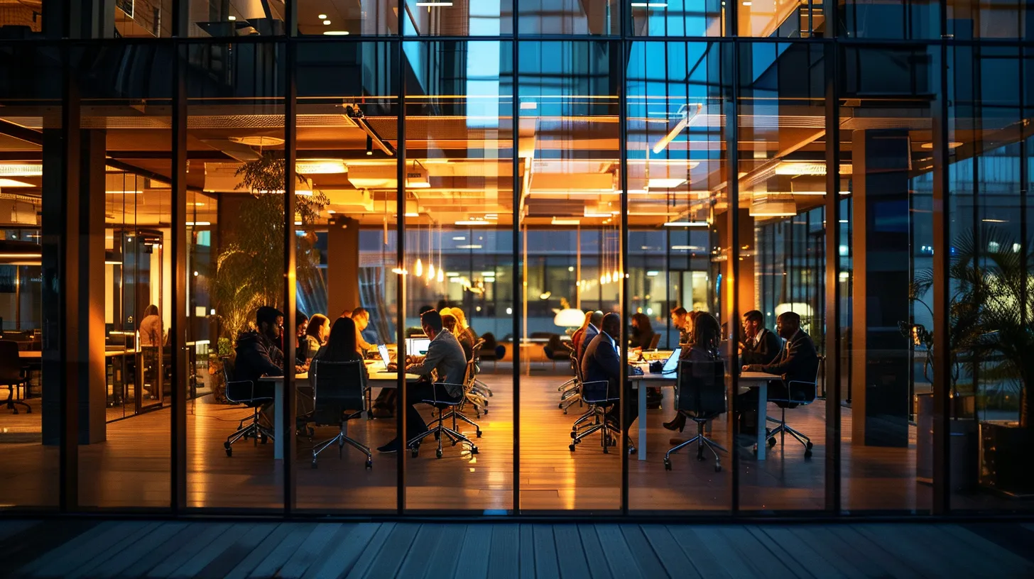 a sleek, modern office space with elegant glass walls and innovative technology, showcasing a diverse group of professionals engaged in a dynamic brainstorming session, illuminated by bright overhead lights. a sleek, modern office space with elegant glass walls and innovative technology, showcasing a diverse group of professionals engaged in a dynamic brainstorming session, illuminated by bright overhead lights.