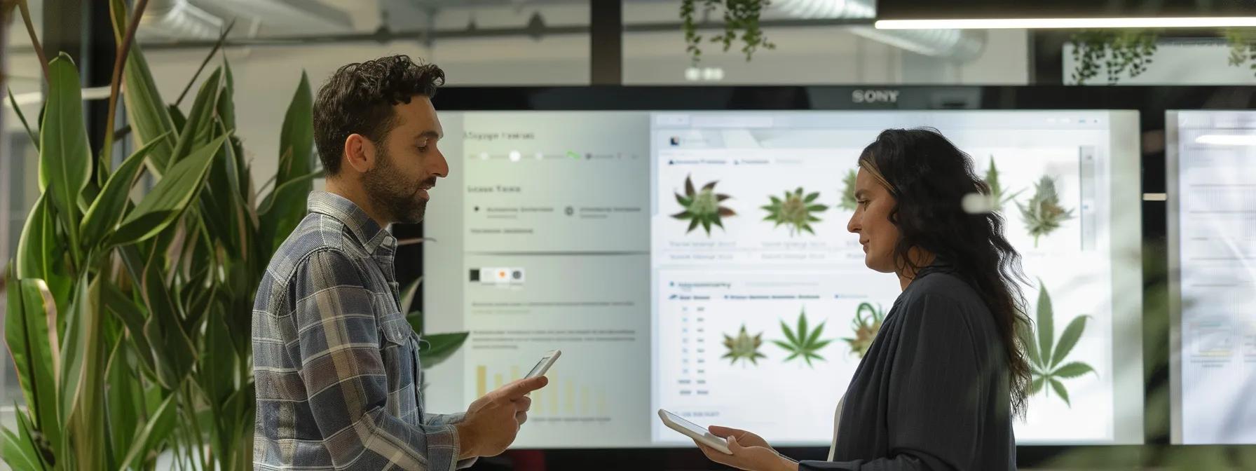 a sleek, modern office space is illuminated with soft, professional lighting, showcasing a large, interactive touchscreen display that presents detailed cannabinoid profiles and transparent certification data for various cbd flower products, while an engaged consumer examines the information with a look of confidence and curiosity.