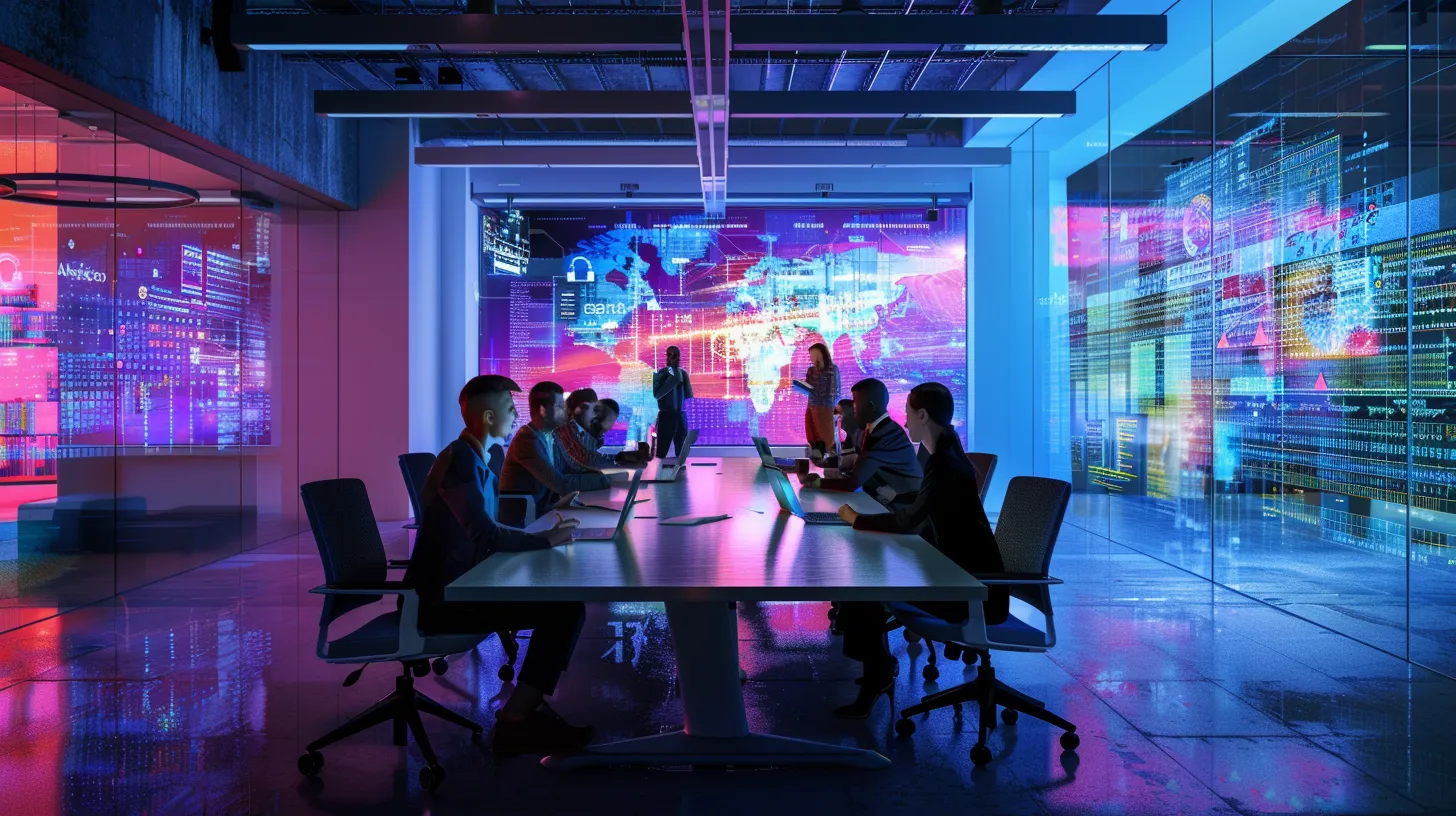a sleek, modern office space with vibrant digital interfaces illuminating the backdrop, showcasing a diverse team engaged in dynamic brainstorming around a central conference table. a sleek, modern office space with vibrant digital interfaces illuminating the backdrop, showcasing a diverse team engaged in dynamic brainstorming around a central conference table.