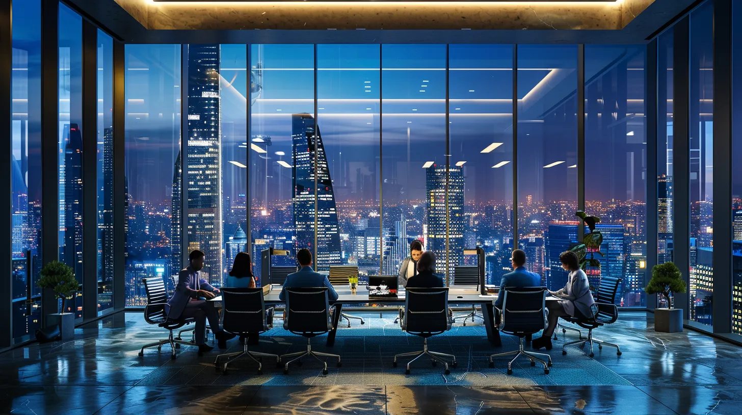 a sleek, modern office space with floor-to-ceiling windows reveals a vibrant city skyline, where a diverse group of professionals collaborates energetically around a futuristic conference table, illuminated by warm, ambient lighting. a sleek, modern office space with floor-to-ceiling windows reveals a vibrant city skyline, where a diverse group of professionals collaborates energetically around a futuristic conference table, illuminated by warm, ambient lighting.