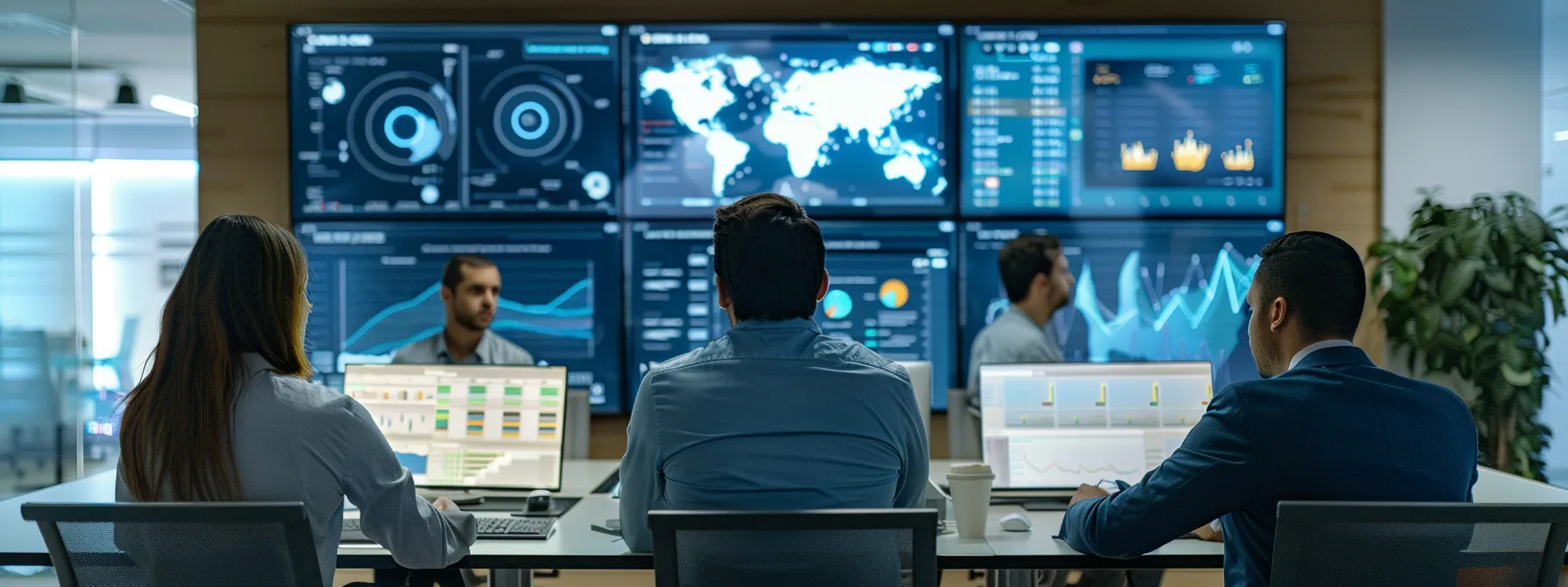 a sleek, modern office space features a diverse team engaged in dynamic discussions around digital monitors displaying analytics and social media feeds, embodying the proactive and strategic essence of online reputation management services.