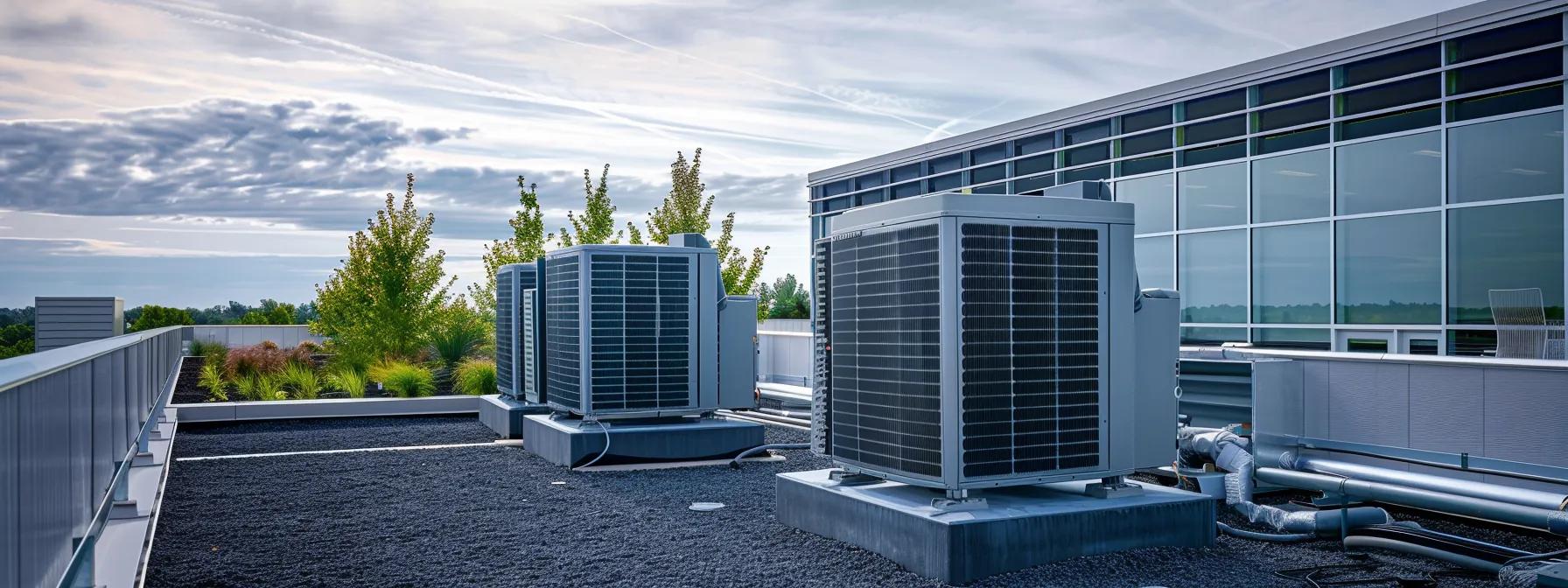 a sleek, modern office space showcases a professional hvac contractor installing an advanced vrf system on a rooftop, highlighting the integration of tailored energy-efficient solutions in a bustling northern virginia commercial environment.