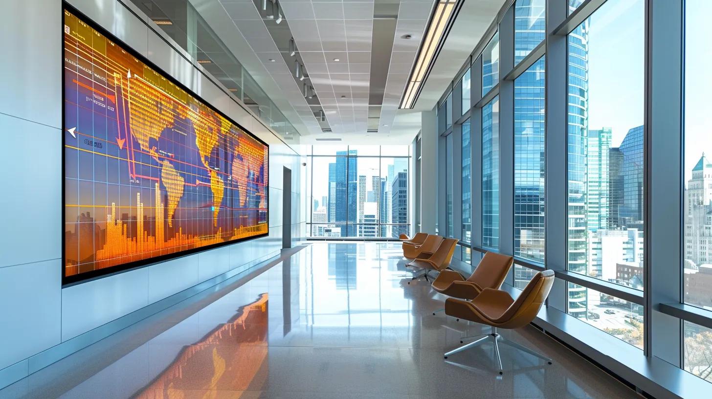 a sleek, modern office space features a large digital display showcasing a vibrant graph of gold price fluctuations over time, framed by minimalist furniture and a panoramic view of the city skyline, emphasizing the analytical nature of the canadian gold market. A large digital display showcasing a vibrant graph of future gold prices fluctuations over time, framed by minimalist furniture and a panoramic view of the city skyline, emphasizing the analytical nature of the canadian gold market.