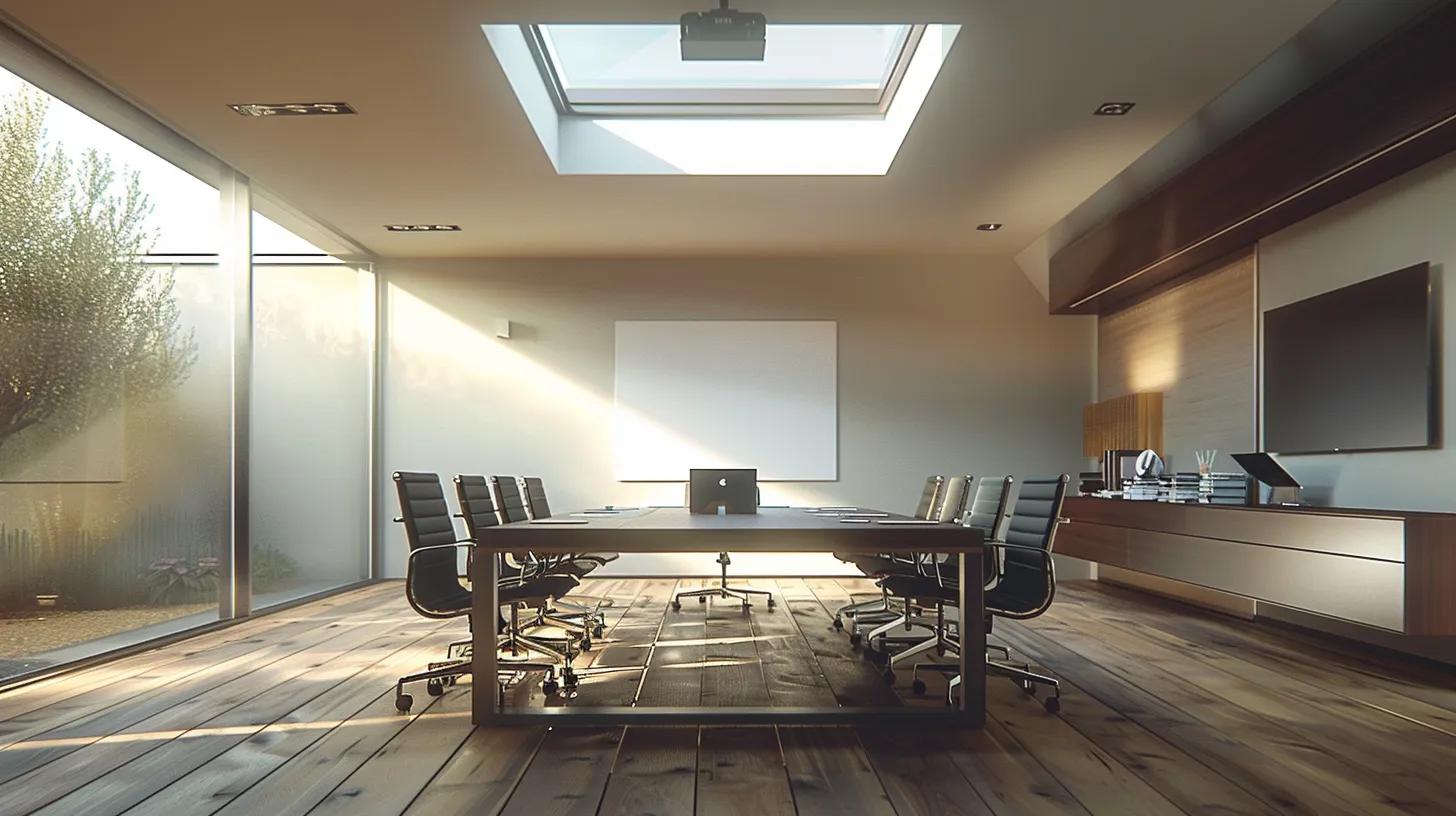 a sleek, modern office space flooded with natural light from a large skylight, showcasing a stylish conference table and high-tech equipment, epitomizing the elegance and investment of contemporary design.