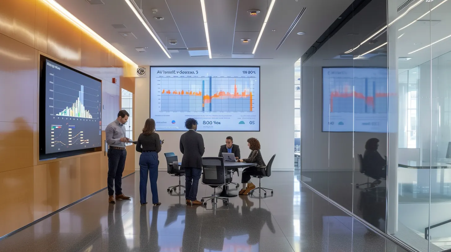 a sleek, modern office space features a large digital screen displaying vibrant charts and analytics, with an ambiance of collaboration and focus among engaged professionals in sharp business attire. a sleek, modern office space features a large digital screen displaying vibrant charts and analytics, with an ambiance of collaboration and focus among engaged professionals in sharp business attire.
