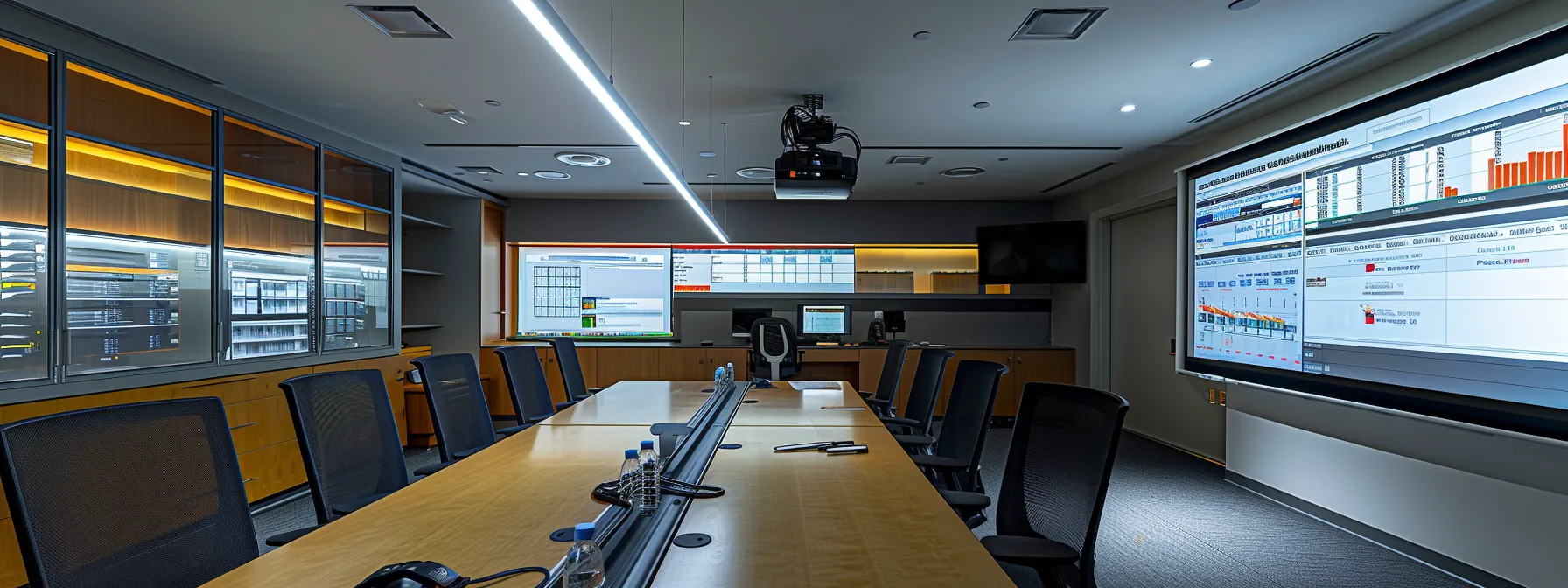 a sleek, modern office space featuring a large conference table surrounded by detailed cost estimation charts, digital tools, and a contractor reviewing a proposal, all illuminated by focused overhead lighting to emphasize the serious discussion on asphalt paving expenses.