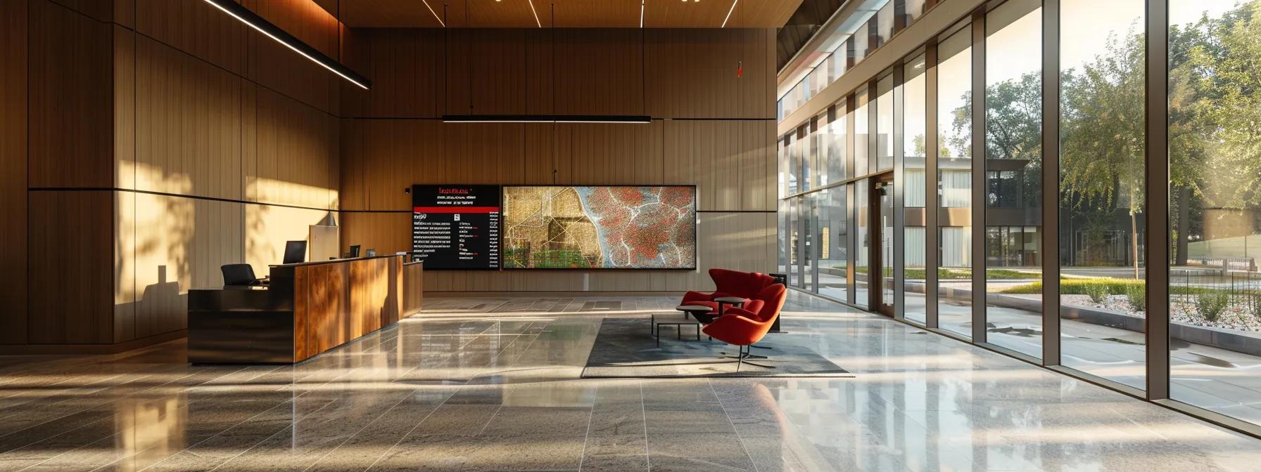a sleek, modern office space features a large digital display showcasing intricate architectural plans, highlighting advanced analysis capabilities and collaborative teamwork in the rhino project planning tools.