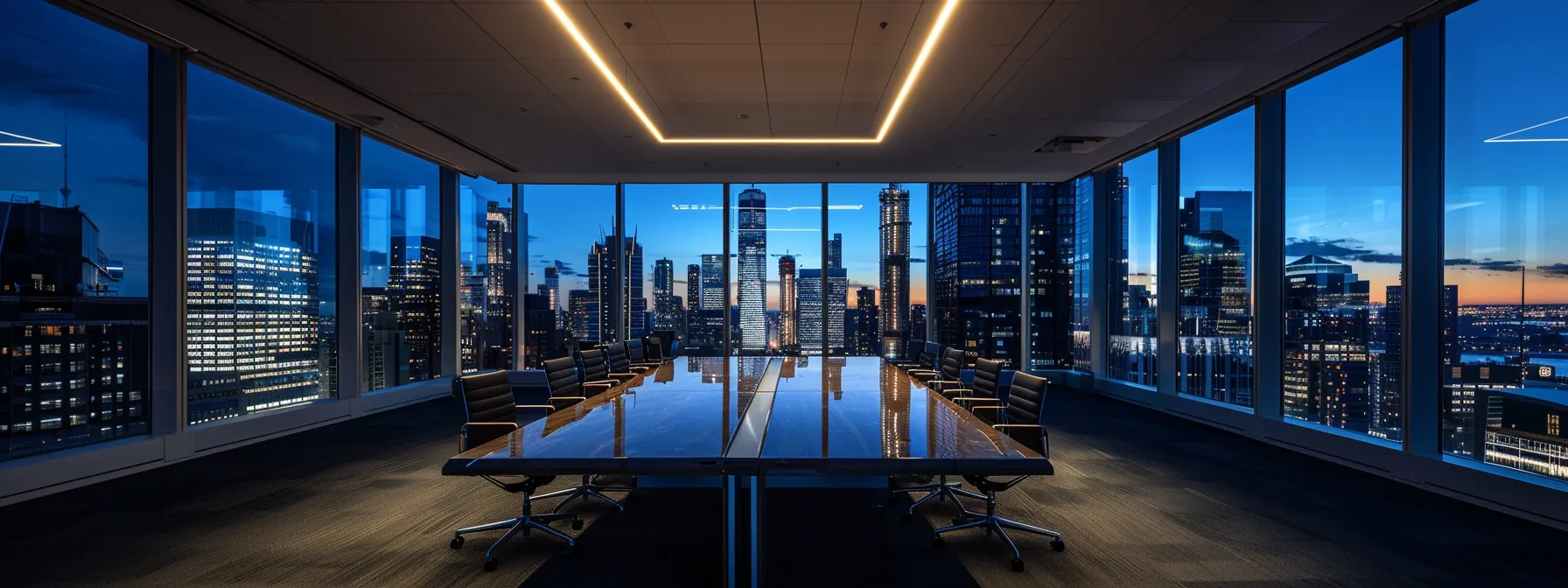 a sleek, modern office space featuring a large, polished conference table bathed in bright, crisp artificial lighting, with large windows showcasing an impressive city skyline in the background.