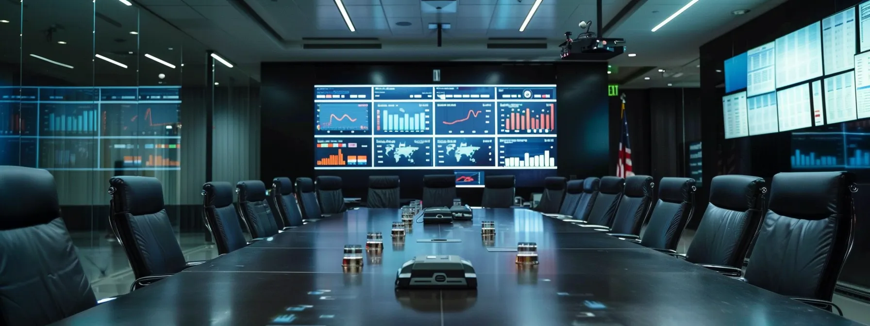 a sleek, modern office space filled with advanced digital screens displaying dynamic analytics and vibrant charts, showcasing a team of professionals actively strategizing around a polished conference table to enhance real-time marketing effectiveness.