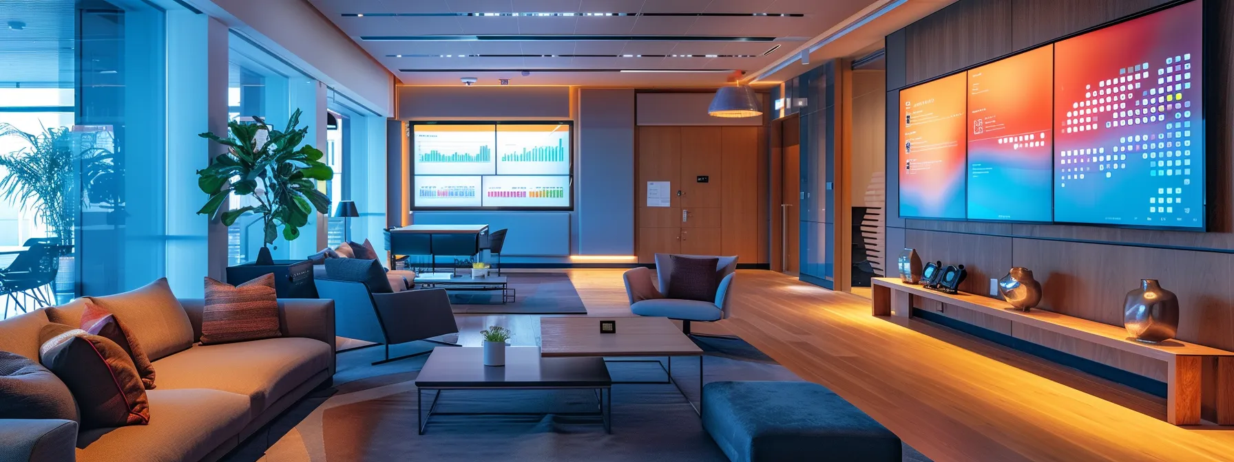 a sleek, modern office space bathed in dynamic ambient lighting features a digital dashboard displaying vibrant analytics and real-time marketing strategies, showcasing the integration of ai technology and predictive analytics to drive creativity and consumer engagement.