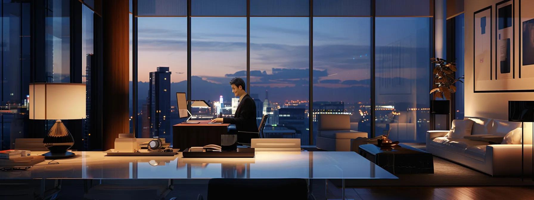 a sleek, modern office space features a confident financial advisor discussing fannie mae post-closing guidelines with a focused borrower, illustrated by charts and documents on a polished glass table illuminated by soft, warm lighting.