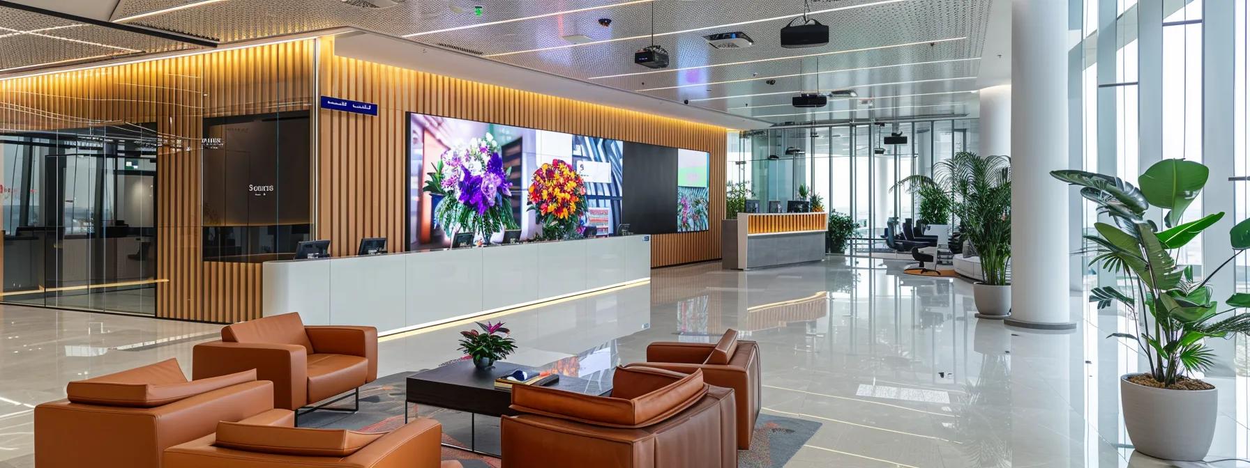 a modern dubai floral shop is bustling with activity, showcasing an array of vibrant, intricately arranged bouquets under sleek, contemporary lighting, highlighting the urgency and sophistication of same-day delivery services.