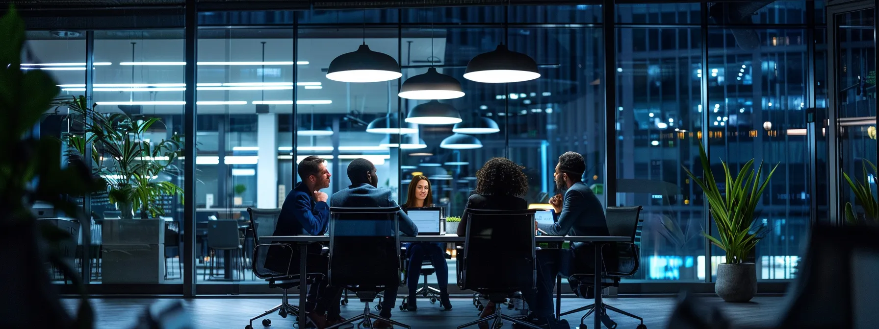 a sleek, modern office space is illuminated by soft overhead lighting, showcasing a vibrant collaboration between diverse professionals engaged in a dynamic brainstorming session around a sharply designed conference table.