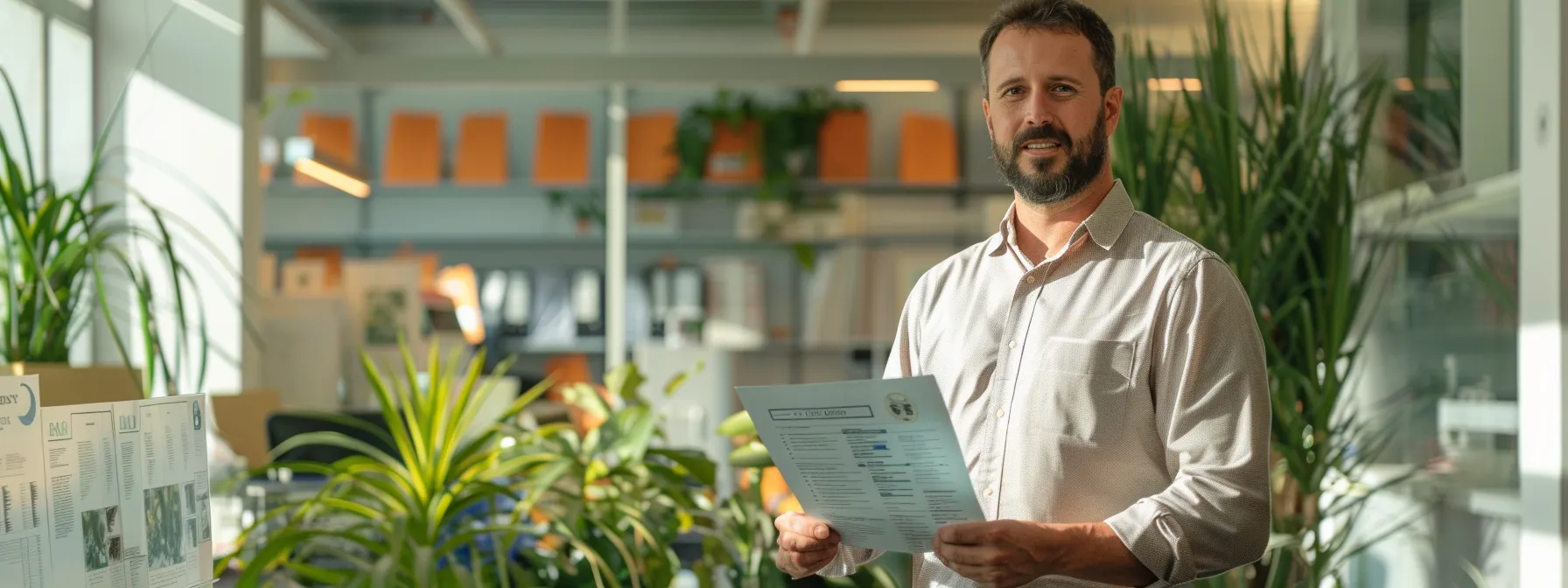 a sleek, modern office space features a confident pest control technician presenting a visually engaging infographic on effective mosquito control methods, balancing eco-friendly strategies with professional treatments, amidst a backdrop of brochures and samples emphasizing safety and efficacy.