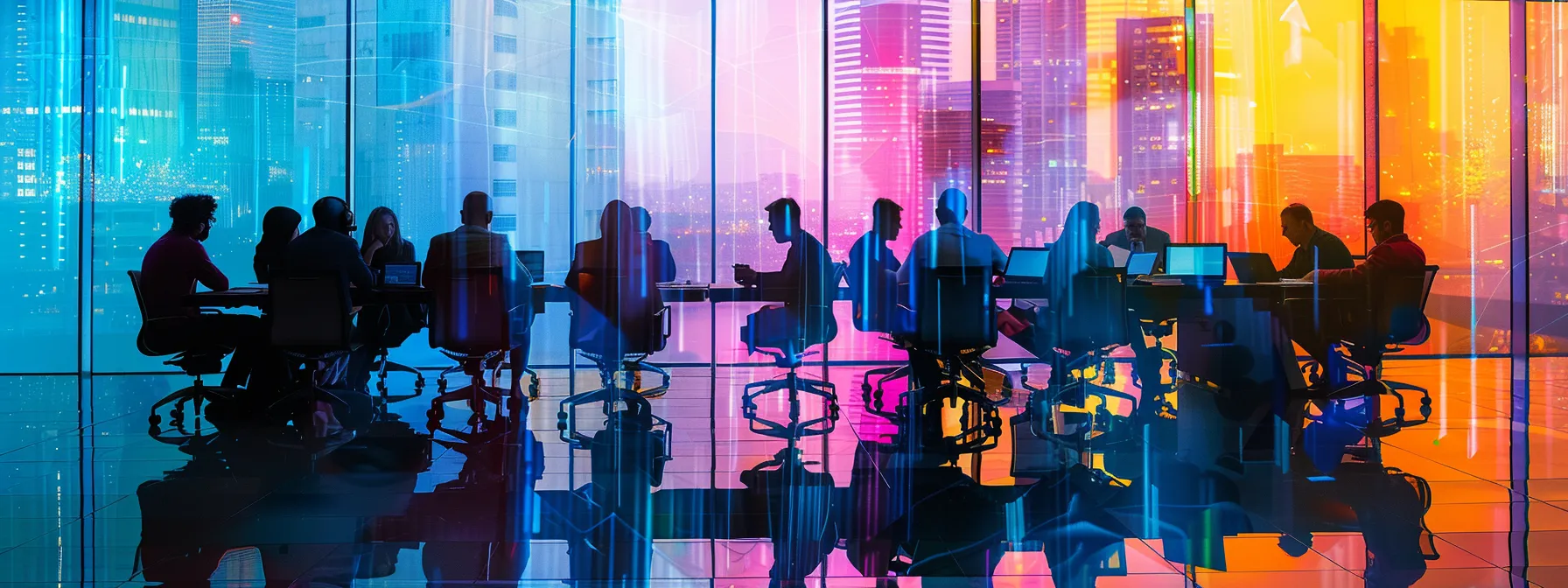 a sleek, modern office space with vibrant color accents and cutting-edge technology, featuring a group of professionals engaged in a dynamic brainstorming session around a glass conference table.
