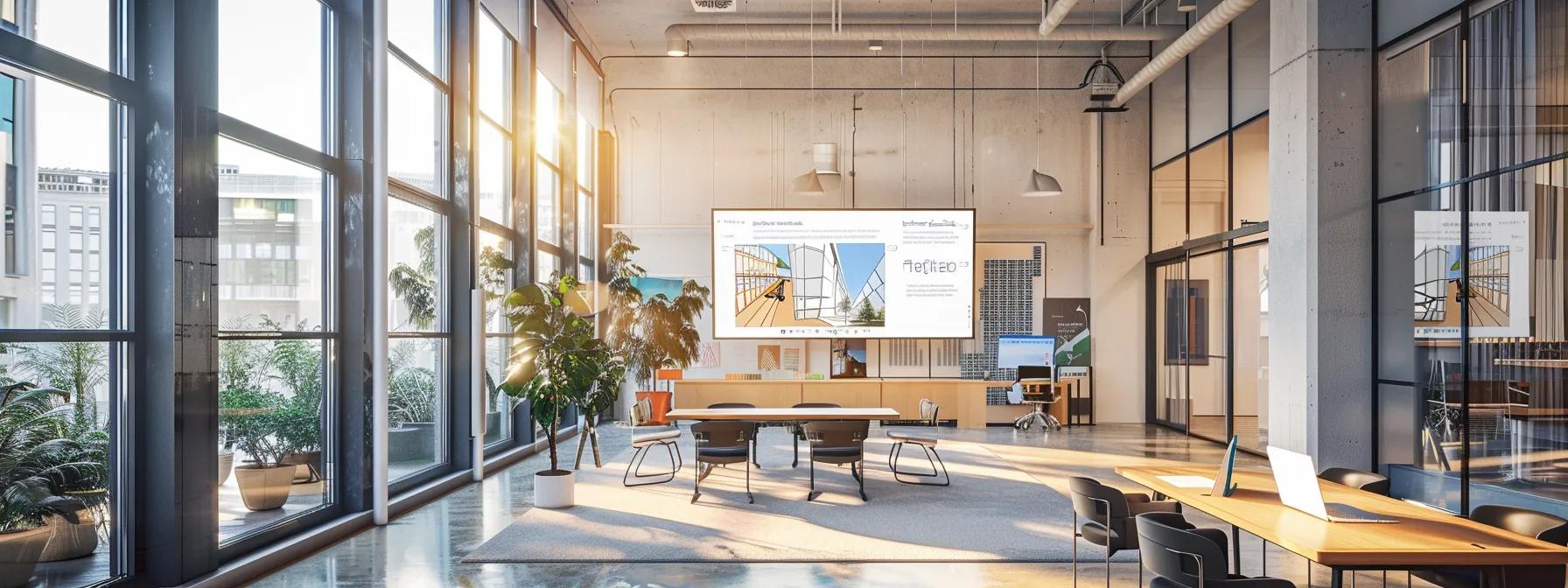 a sleek, modern office space filled with high-tech design elements displays an interactive digital screen showcasing solar loan interest rates, underscored by vibrant architectural models from an online architecture class.