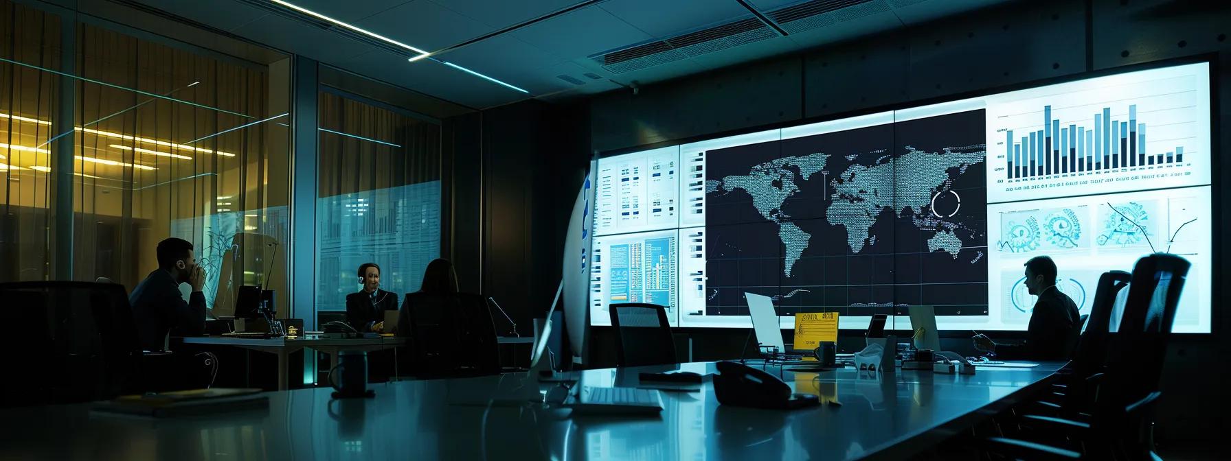a sleek, modern office space is illuminated by soft overhead lights, featuring a large digital screen displaying graphs and analytics of competitor performance metrics, complemented by a focused team of professionals engaged in lively discussion around a polished conference table. a sleek, modern office space is illuminated by soft overhead lights, featuring a large digital screen displaying graphs and analytics of competitor performance metrics, complemented by a focused team of professionals engaged in lively discussion around a polished conference table.