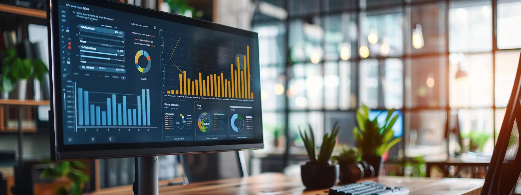 a sleek, modern office space featuring a large digital analytics dashboard displayed on a high-definition monitor, with visible performance graphs and metrics illuminating the room, emphasizing the strategic importance of data-driven decision-making in social media marketing. a sleek, modern office space featuring a large digital analytics dashboard displayed on a high-definition monitor, with visible performance graphs and metrics illuminating the room, emphasizing the strategic importance of data-driven decision-making in social media marketing.