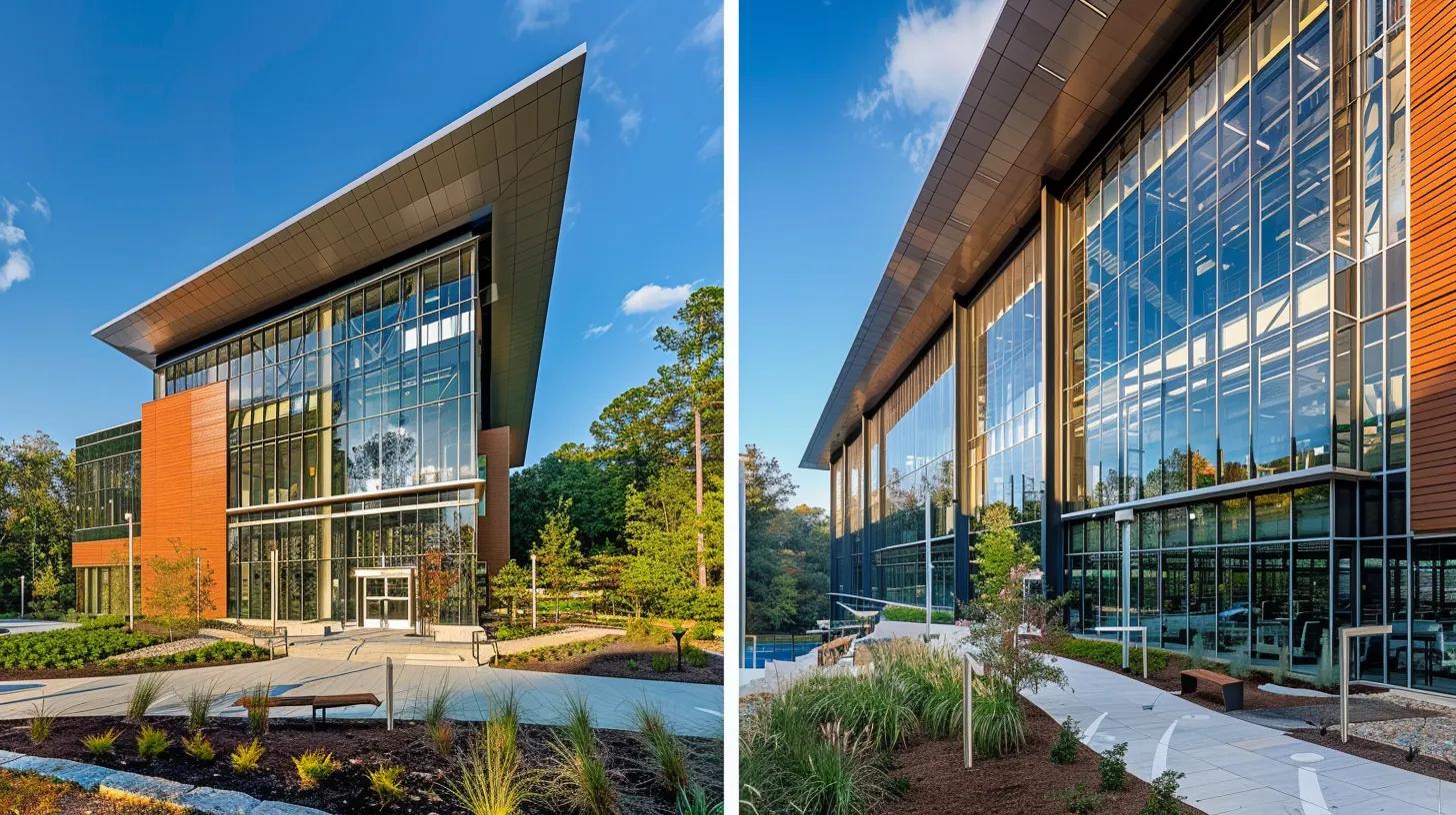 a sleek, modern office space in knoxville showcases a side-by-side comparison of sustainable construction materials and traditional building methods, highlighting eco-friendly innovations against conventional techniques in a visually dynamic layout.