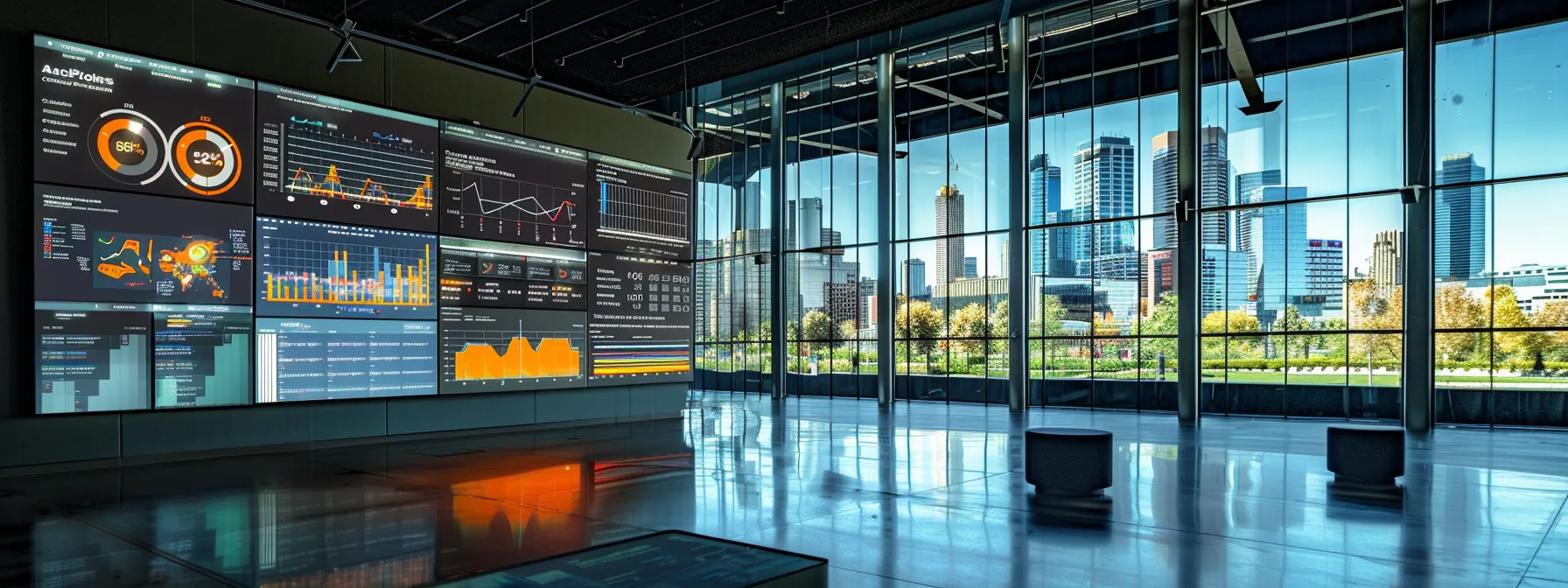 a sleek, modern office space features a glowing digital dashboard showcasing dynamic business analytics, with a backdrop of high-rise windows reflecting the vibrant city skyline.