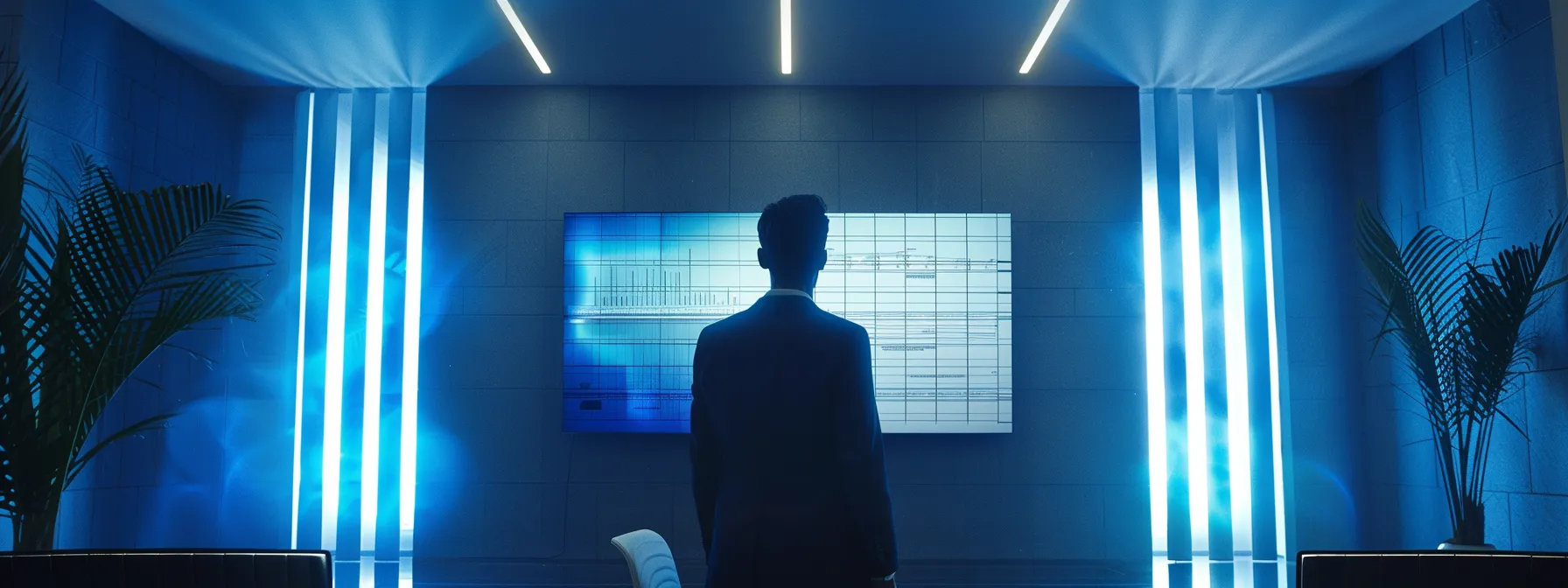 a sleek, modern office space illuminated by dramatic spotlights showcases a confident professional presenting a dynamic digital dashboard on a high-resolution screen, emphasizing innovation and strategic vision.