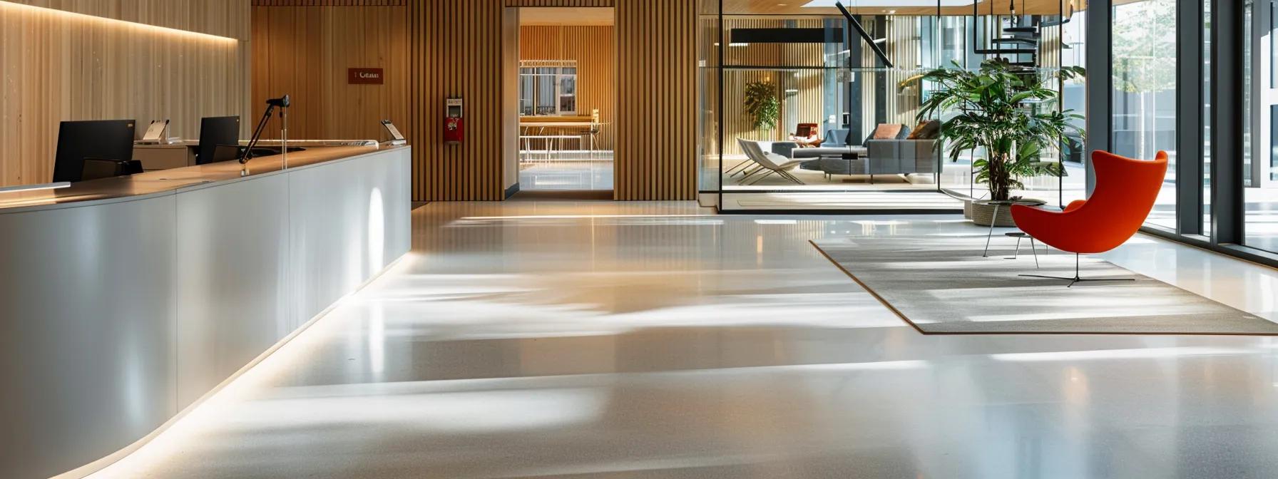a sleek, modern office space showcases a team of professional flooring installers meticulously laying down stylish, high-quality flooring with precision tools and vibrant colors, highlighting the transformative impact of expert craftsmanship.