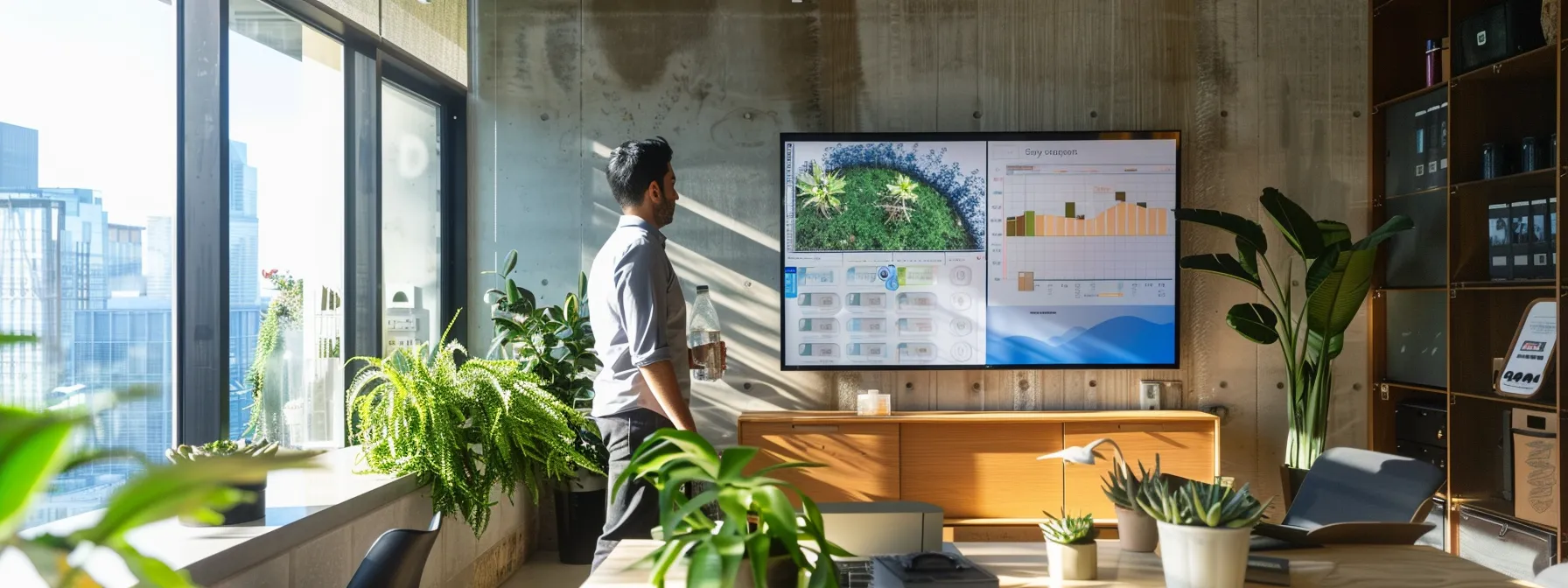 a sleek, modern office space featuring an informed homeowner engaged in a consultation with a pest control expert, surrounded by vibrant visual displays of eco-friendly mosquito control products like sprayers and natural repellents, creating an atmosphere of thoughtful decision-making.