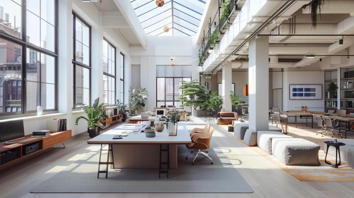 a sleek, modern office space features an array of skylights of various sizes and designs, showcasing complex installations with energy-efficient glazing and high-quality frames, emphasizing the intricate relationship between architectural choices and installation costs.
