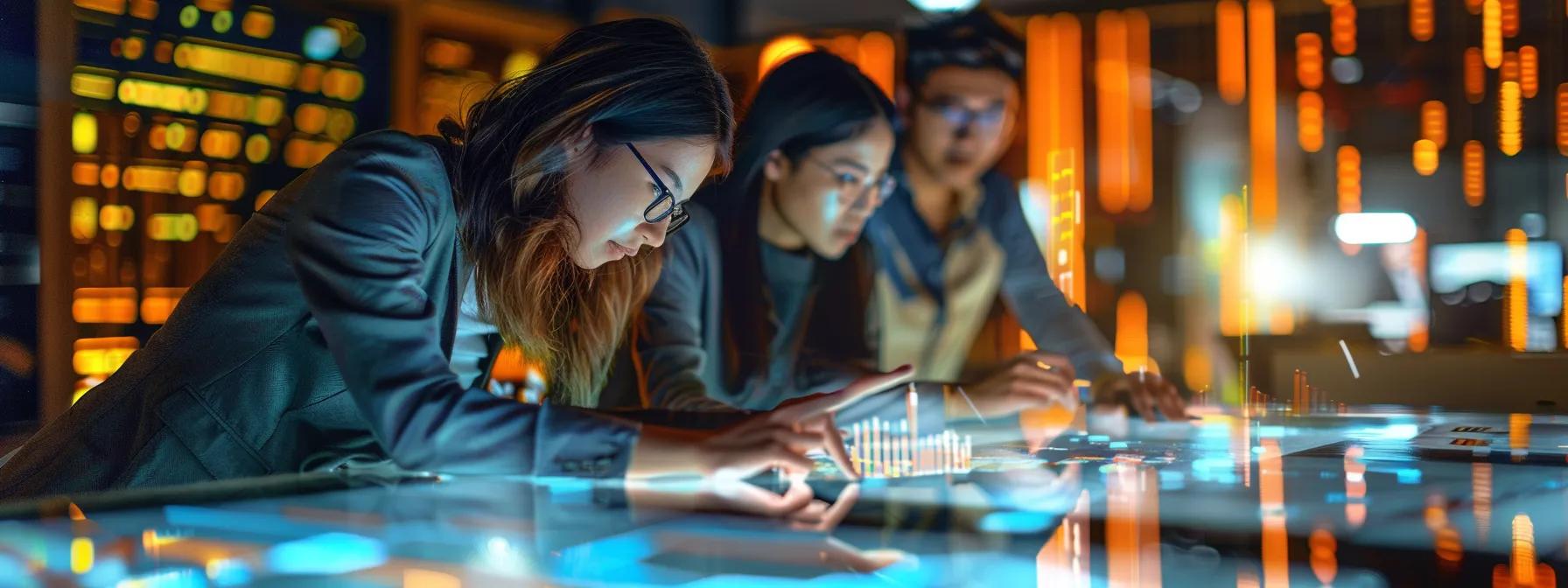 a sleek, modern office space is illuminated by overhead led lights, featuring a digital marketing team engaged around a glass table strewn with reports and charts, as they collaboratively strategize on integrating gap analysis insights into dynamic digital advertising campaigns.