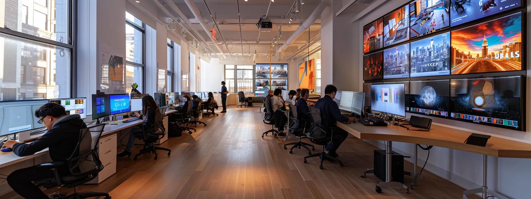 a sleek, modern office space showcases a diverse group of budget website designers collaborating enthusiastically around a digital display, highlighting their innovative and cost-effective web design projects while engaging in dynamic discussions about user-centric strategies.