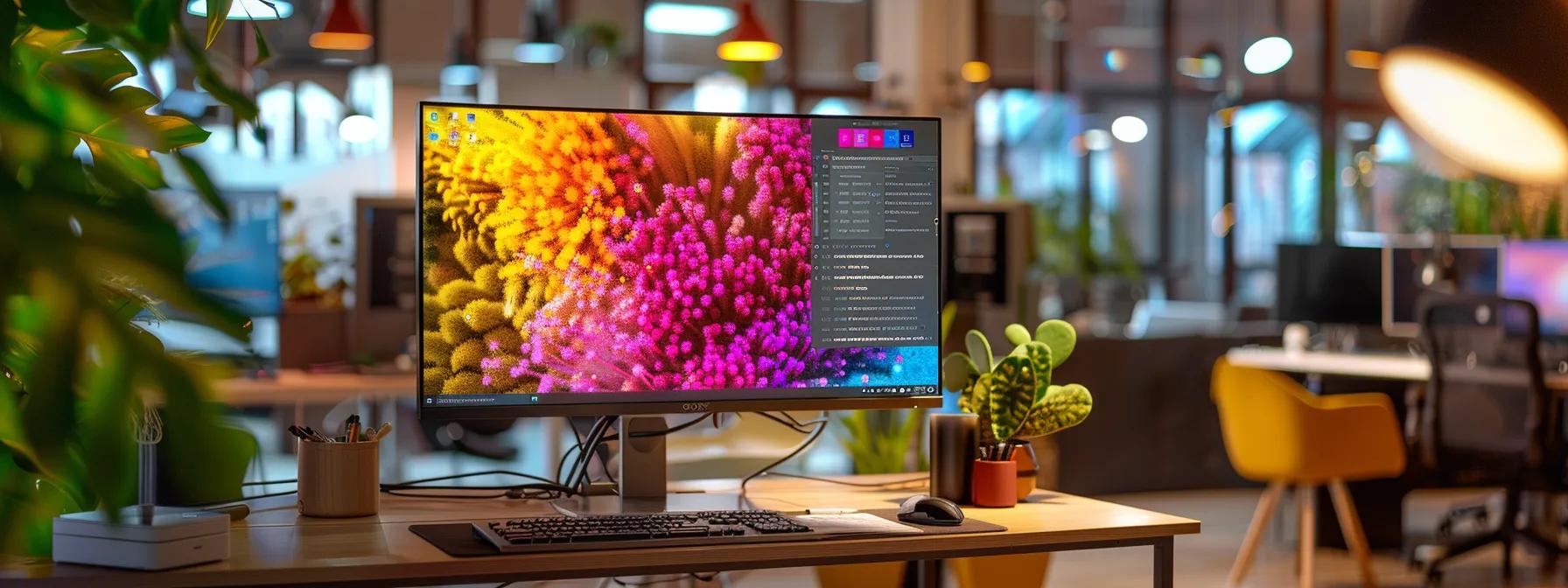 a sleek, modern office space displays a large computer monitor showcasing an engaging, visually captivating website design with vibrant colours and interactive elements, reflecting the essence of effective digital marketing and user experience.
