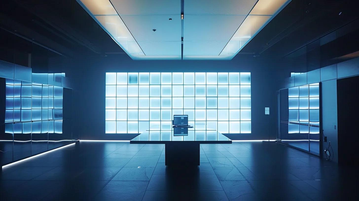 a sleek, modern office space features a large digital display showcasing an organized table of spring cleaning strategies, each cell vividly highlighted to emphasize key benefits and recommended practices, illuminated by bright overhead lights to enhance clarity and focus.