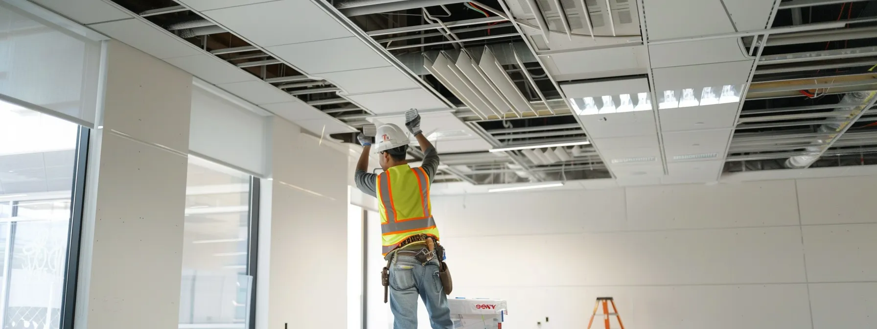 a sleek, modern office space in summit, nj, showcases a professional technician expertly installing an advanced air conditioning unit, emphasizing efficiency and reliability in climate control systems.