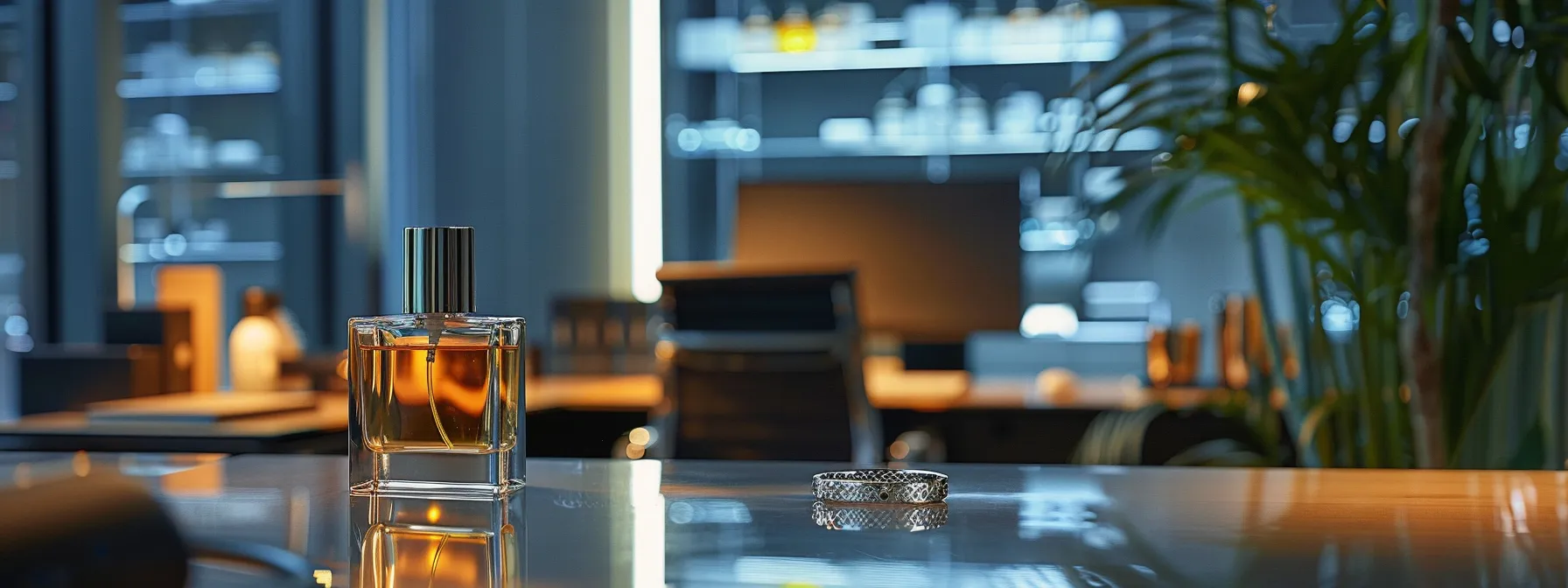 a sleek, modern office space with a sophisticated fragrance bottle prominently displayed on a polished desk, illuminated by soft, focused lighting that highlights the bottle's elegant design while a digital screen in the background illustrates common myths about fragrance longevity.