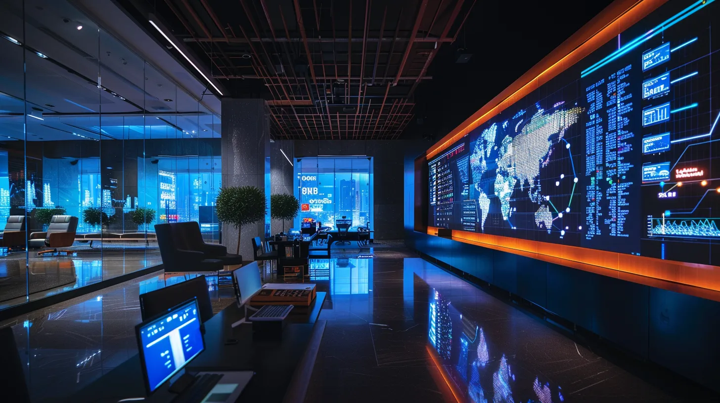 a sleek, modern office space filled with vibrant digital screens showcasing dynamic data visualizations, illuminated by focused, artificial lighting that emphasizes a collaborative and innovative atmosphere.