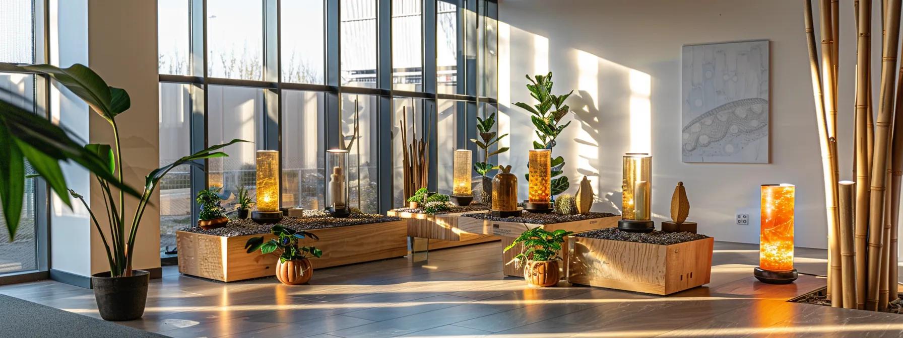 a sleek, modern office space features a detailed arrangement of various reptile heat lamps, with each type prominently displayed on styled pedestals, highlighting their distinct designs and qualities in controlled, artificial lighting. a sleek, modern office space features a detailed arrangement of various reptile heat lamps, with each type prominently displayed on styled pedestals, highlighting their distinct designs and qualities in controlled, artificial lighting.