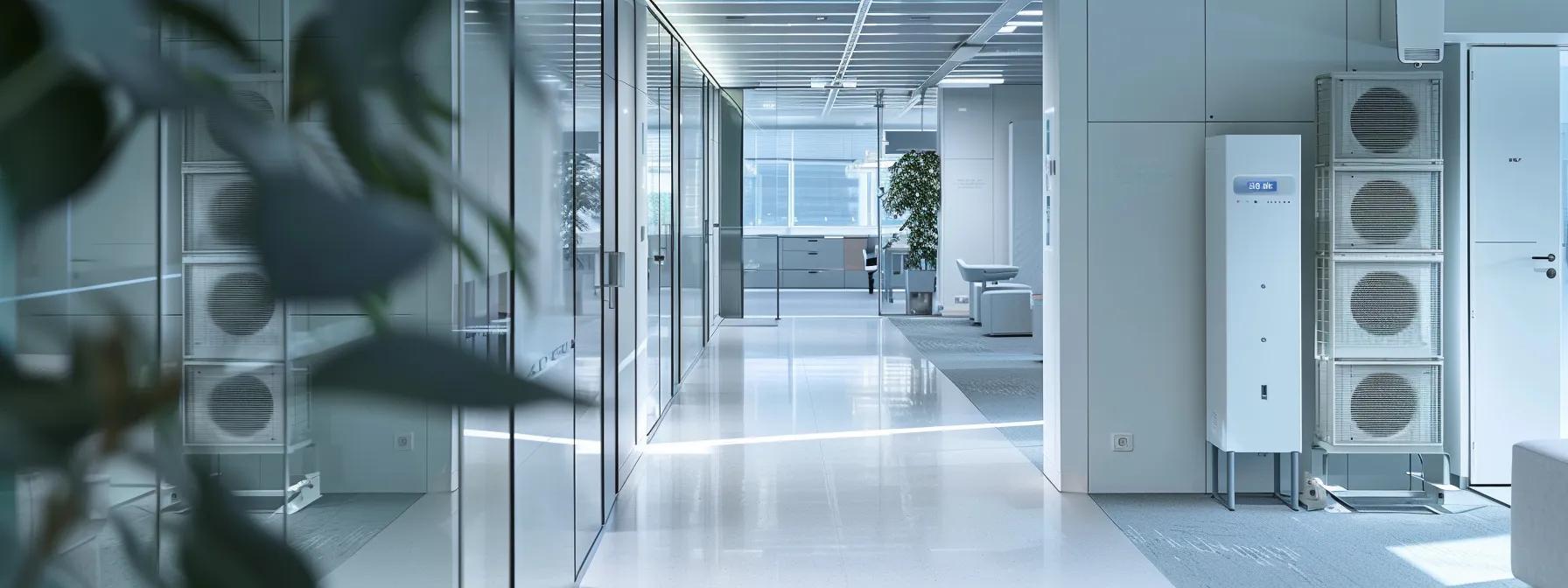 a sleek, modern office space showcases an advanced energy-efficient air conditioning unit, featuring stylish heat exchangers and a digital control panel, reflecting innovation and sustainability in hvac technology.