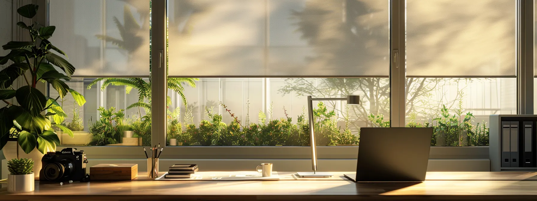 a sleek, modern office space showcasing a bright room with elegantly designed custom window shades, emphasizing meticulous care techniques through a stylish cleaning toolkit and an open laptop displaying maintenance tips. a sleek, modern office space showcasing a bright room with elegantly designed custom window shades, emphasizing meticulous care techniques through a stylish cleaning toolkit and an open laptop displaying maintenance tips.