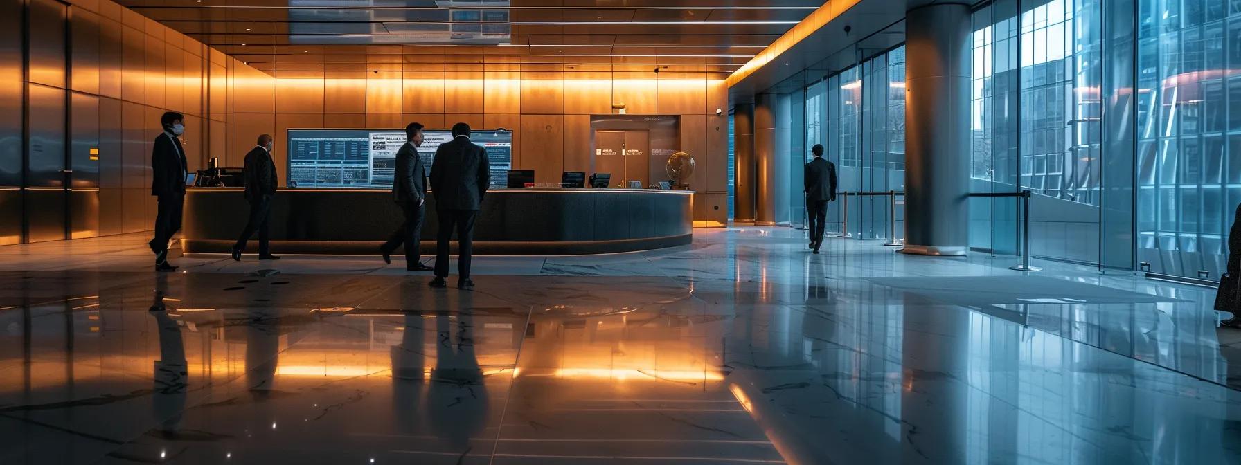 a sleek, modern office space where diverse professionals collaborate over digital displays showcasing advanced aml software dashboards, emphasizing their commitment to compliance and risk management in the financial sector.