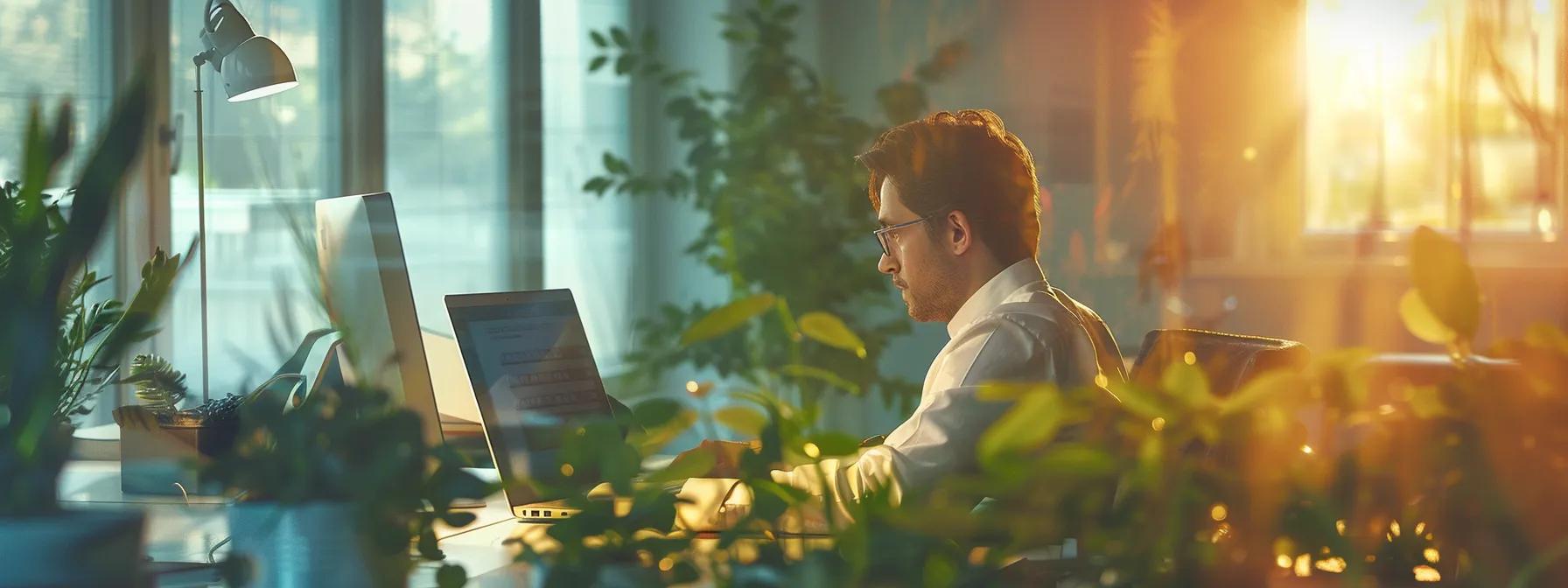 a sleek, modern office space showcases an engaged professional reviewing a digital presentation on ibutamoren dosage guidelines, bathed in warm, focused artificial light that emphasizes the importance of informed decision-making for anti-aging treatments.