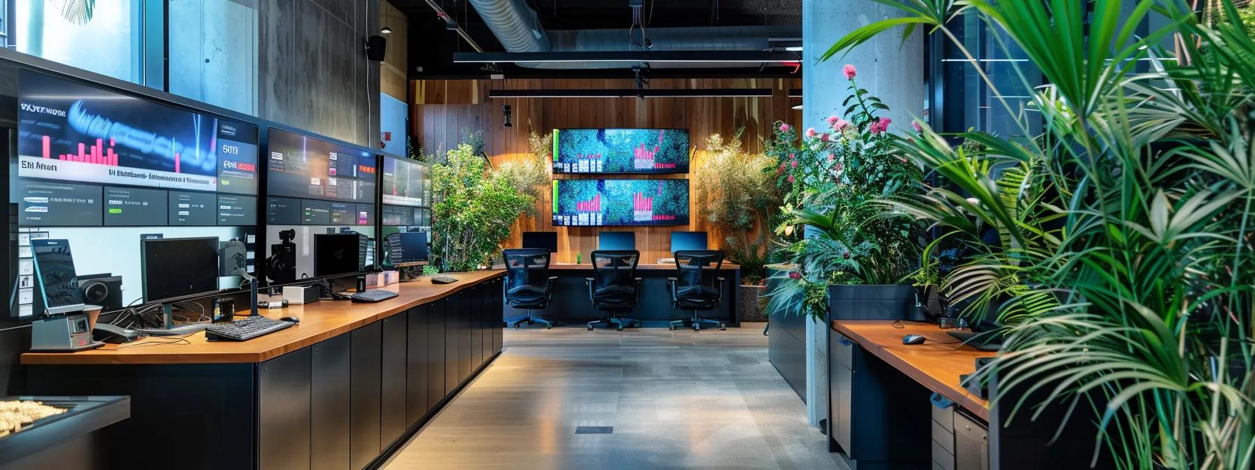 a sleek, modern office space is filled with professionals engaging with interactive screens displaying geolocation maps and cbd product inventories, illustrating surgeonsolution.io's innovative online platform that connects consumers to local dispensaries in real time.