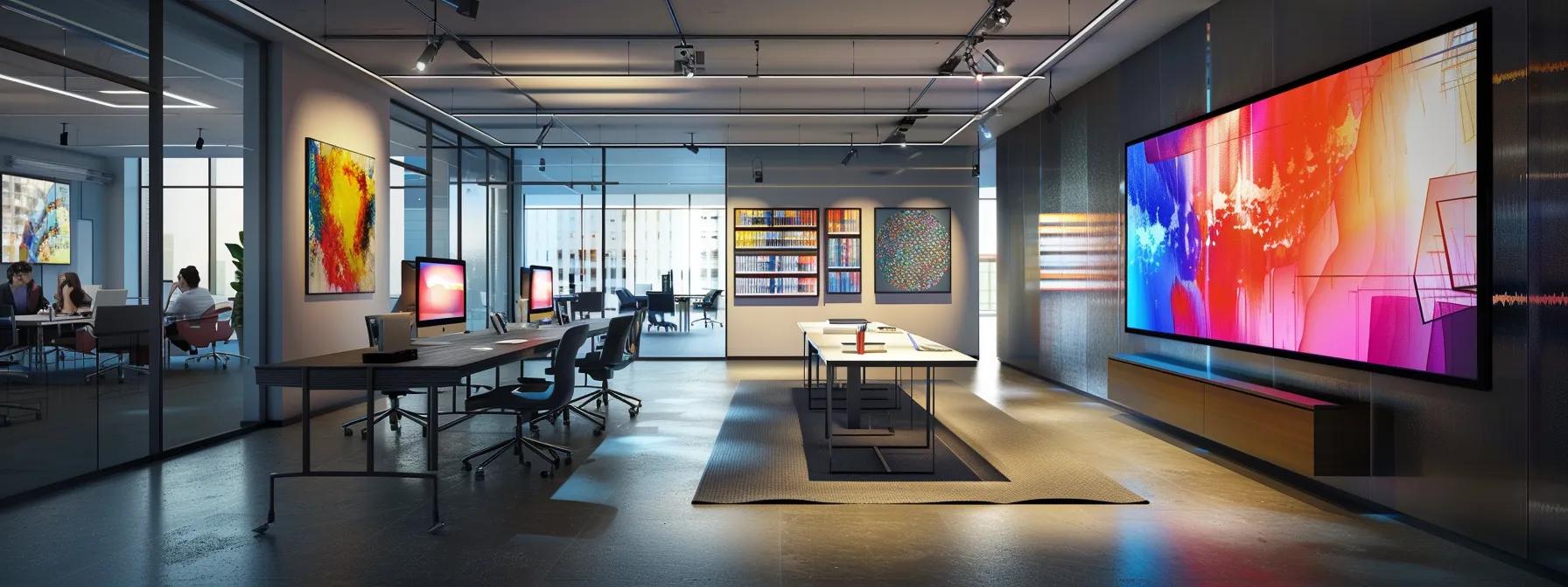 a sleek, modern office space filled with creative professionals collaborating over a large screen displaying vibrant motion graphics and storyboards, highlighting the dynamic range of additional video production services offered for corporate events.