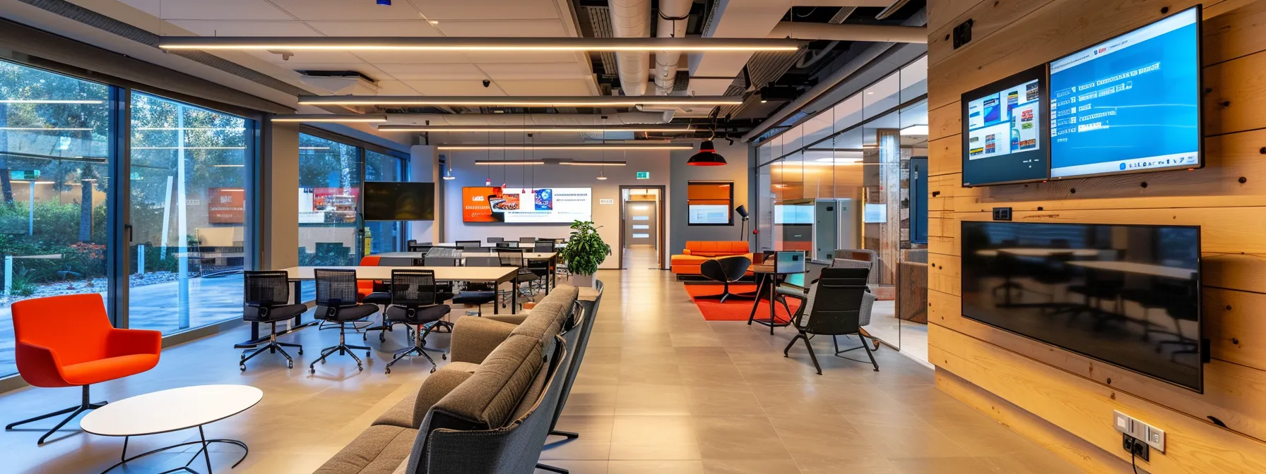 a sleek, modern office space filled with digital marketing strategy visuals on vibrant screens, emphasizing the growth potential for demolition contractors through targeted mobile and online marketing techniques.