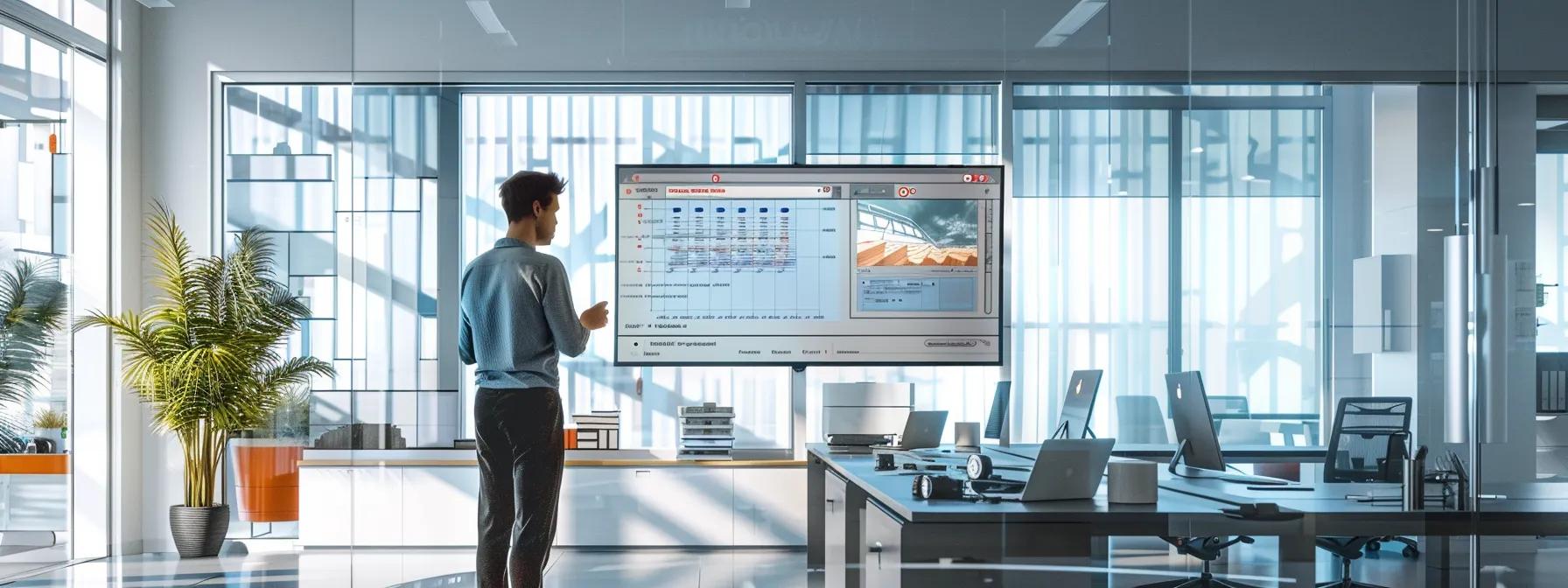 a sleek, modern office space features a large digital screen displaying detailed roofing measurements and satellite images, while a professional contractor discusses project plans with a client, emphasizing advanced technology in estimating roofing costs. a sleek, modern office space features a large digital screen displaying detailed roofing measurements and satellite images, while a professional contractor discusses project plans with a client, emphasizing advanced technology in estimating roofing costs.